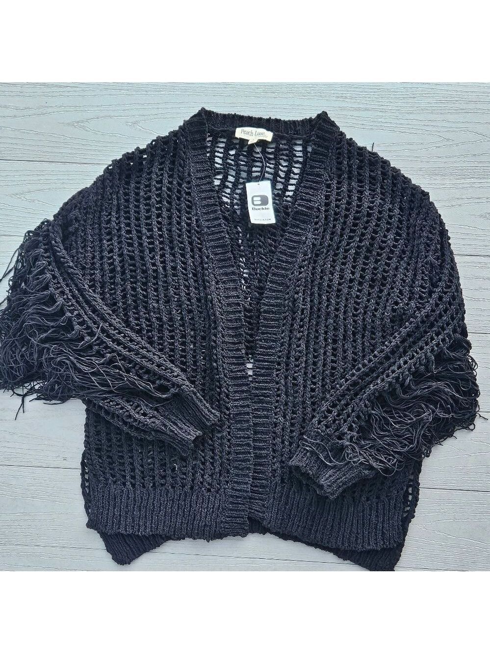 PEACH LOVE CALIFORNIA BUCKLE FRINGE FLYAWAY CARDIGAN NWT MSRP $55 Plush STYLE - Picture 11 of 16